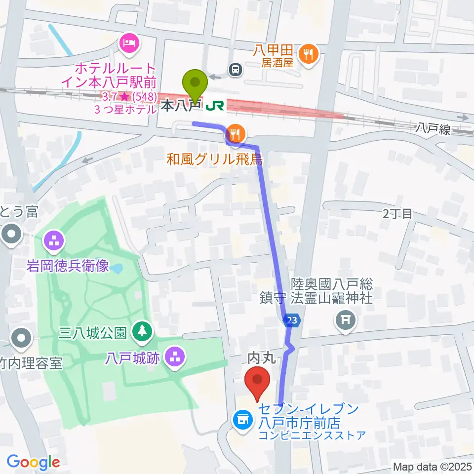 グルーヴィン楽器の最寄駅本八戸駅からの徒歩ルート（約5分）地図