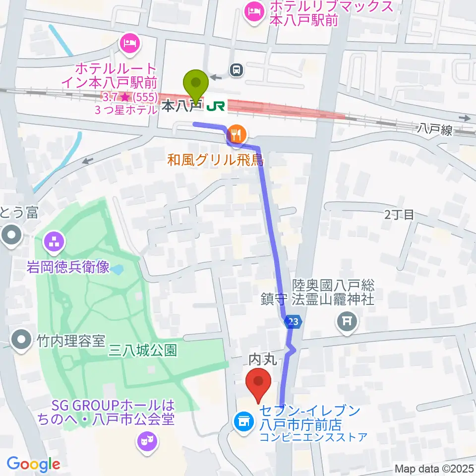 グルーヴィン楽器の最寄駅本八戸駅からの徒歩ルート（約5分）地図