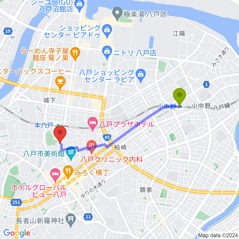 小中野駅からグルーヴィン楽器へのルートマップ地図