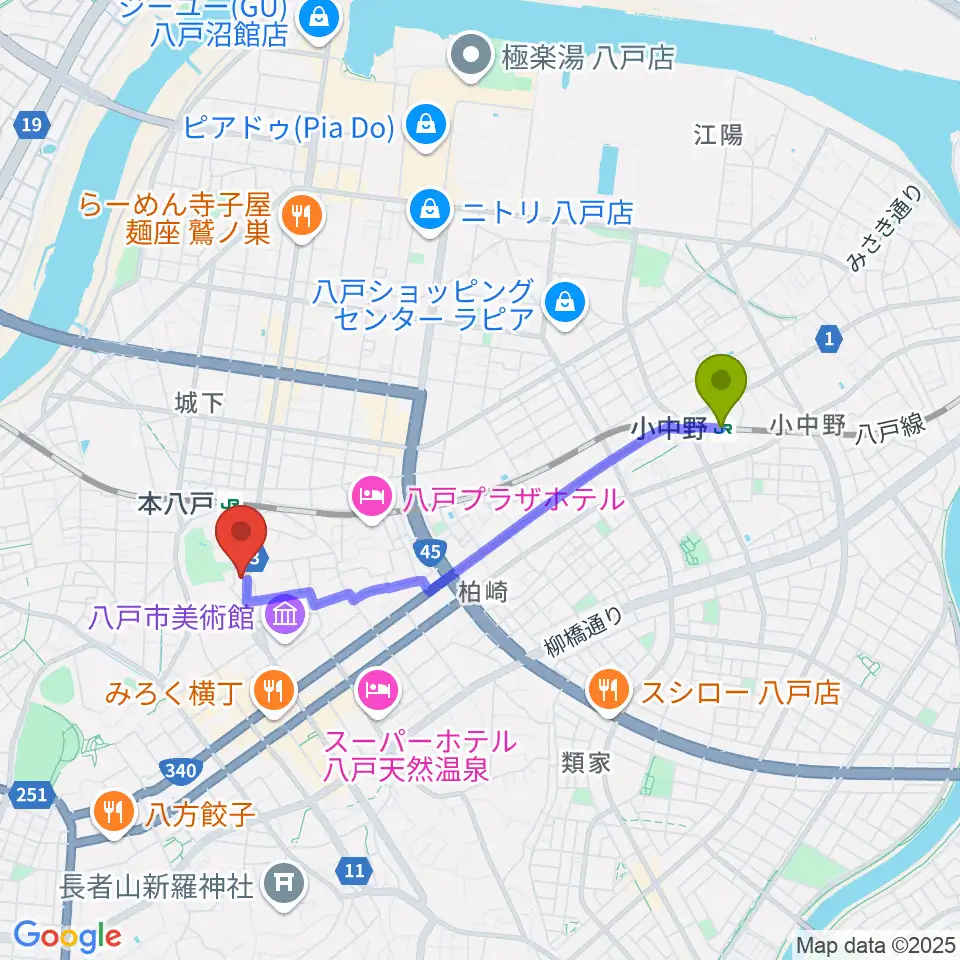 小中野駅からグルーヴィン楽器へのルートマップ地図