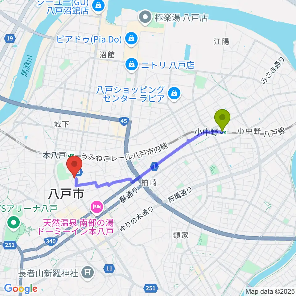 小中野駅からグルーヴィン楽器へのルートマップ地図