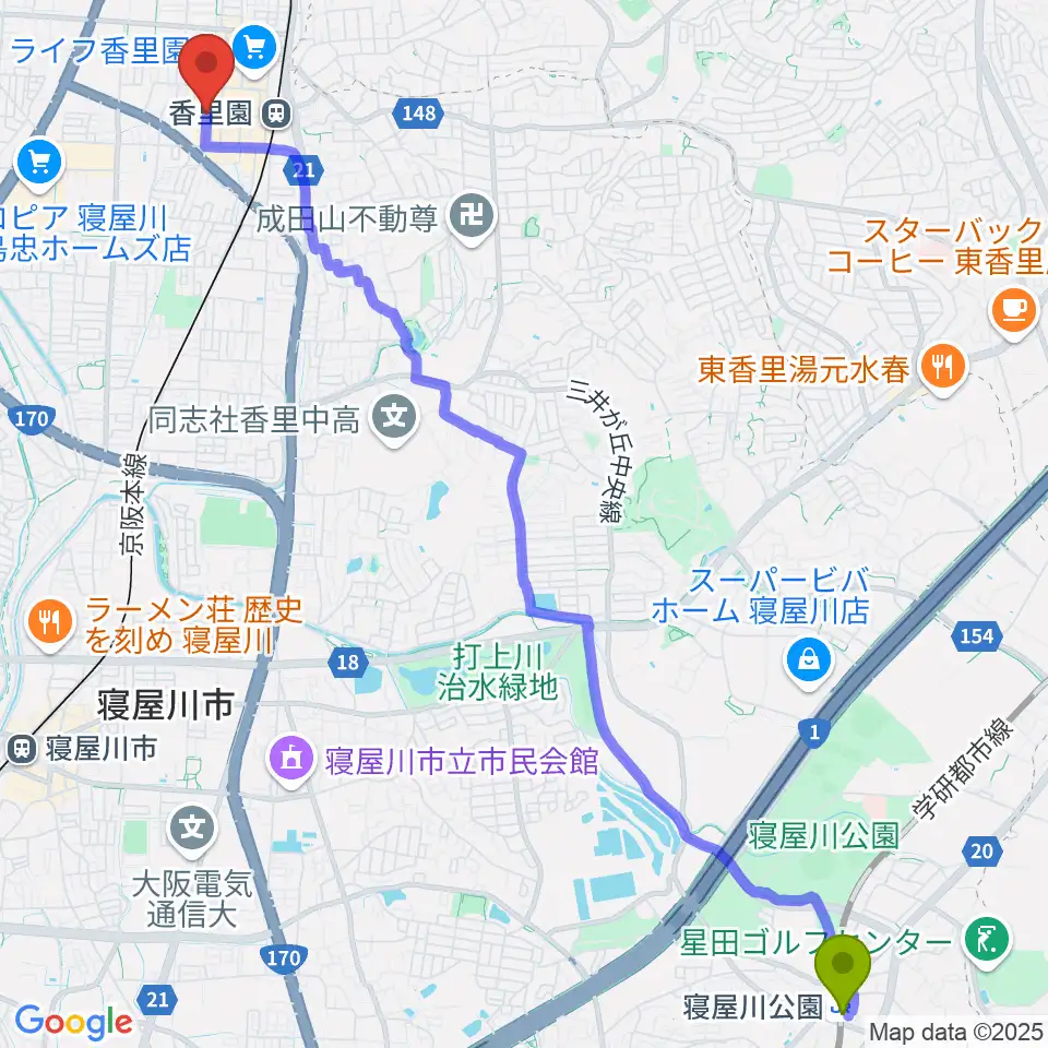 寝屋川公園駅から第一楽器 香里店へのルートマップ地図