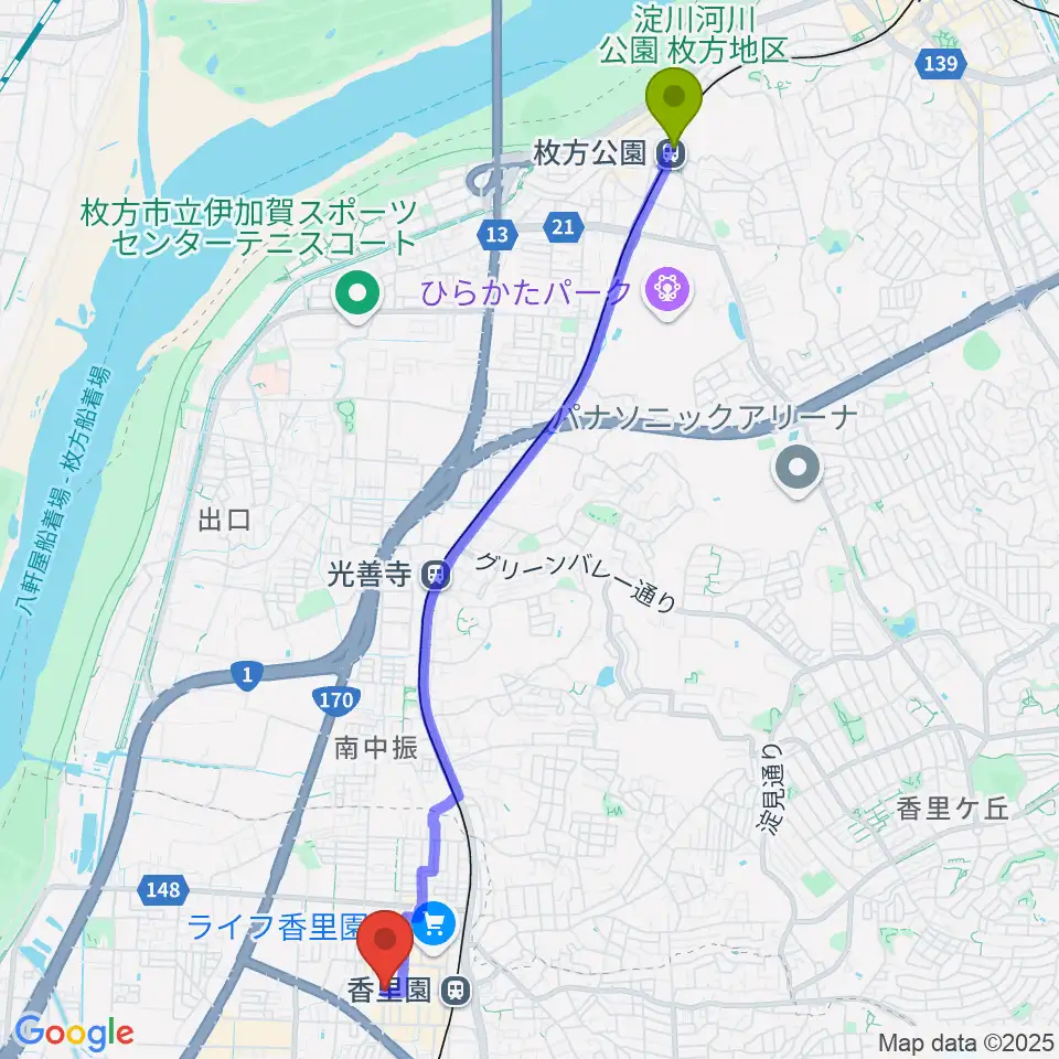 枚方公園駅から第一楽器 香里店へのルートマップ地図