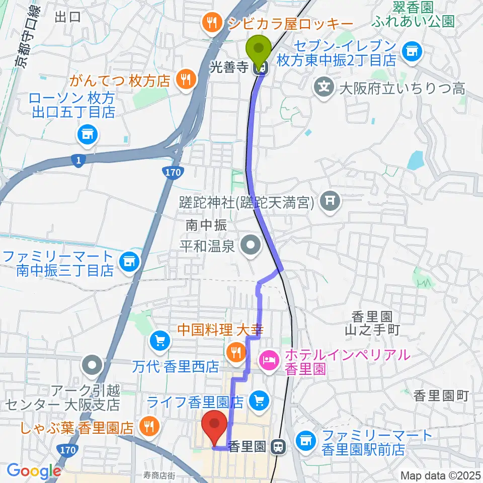 光善寺駅から第一楽器 香里店へのルートマップ地図