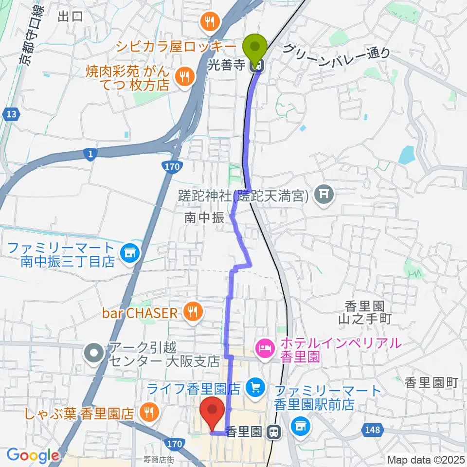 光善寺駅から第一楽器 香里店へのルートマップ地図