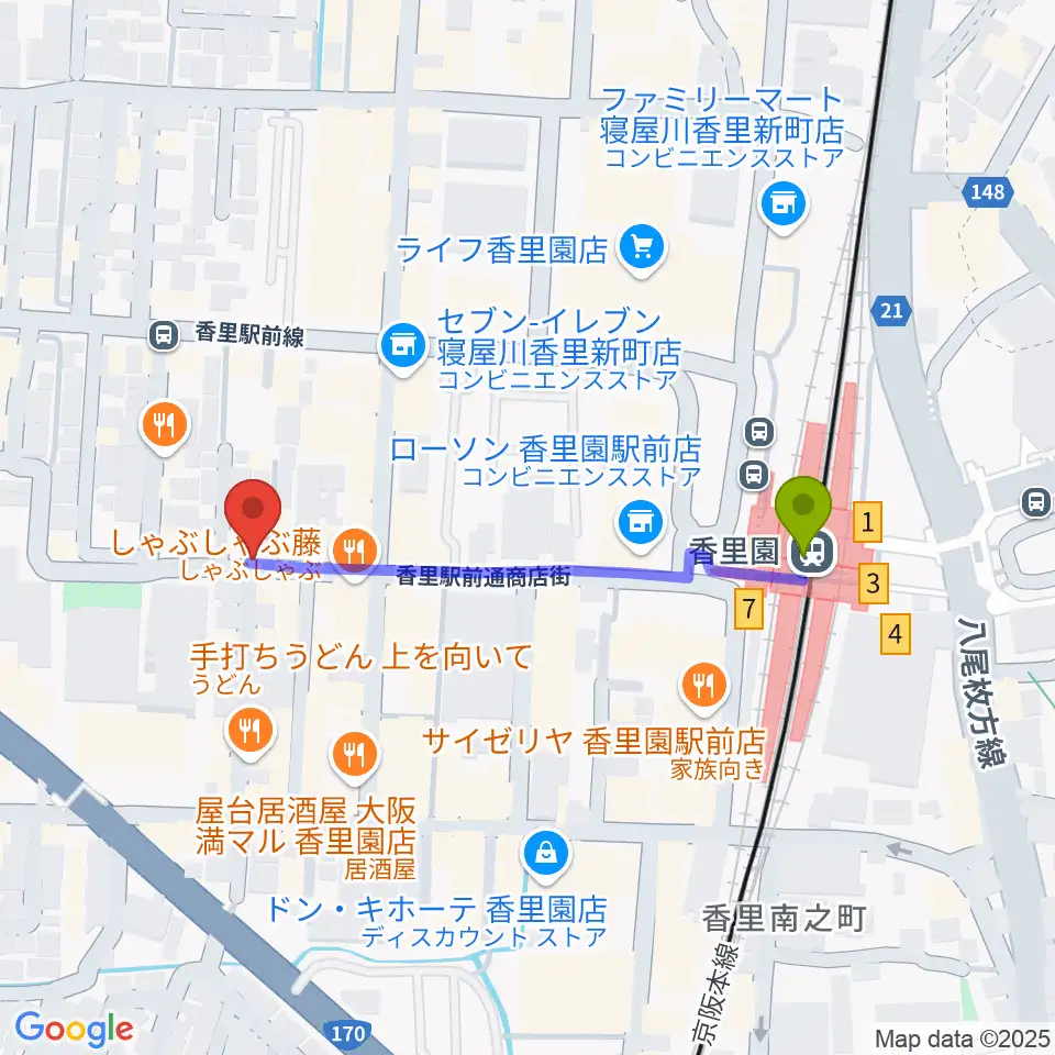 第一楽器 香里店の最寄駅香里園駅からの徒歩ルート（約4分）地図