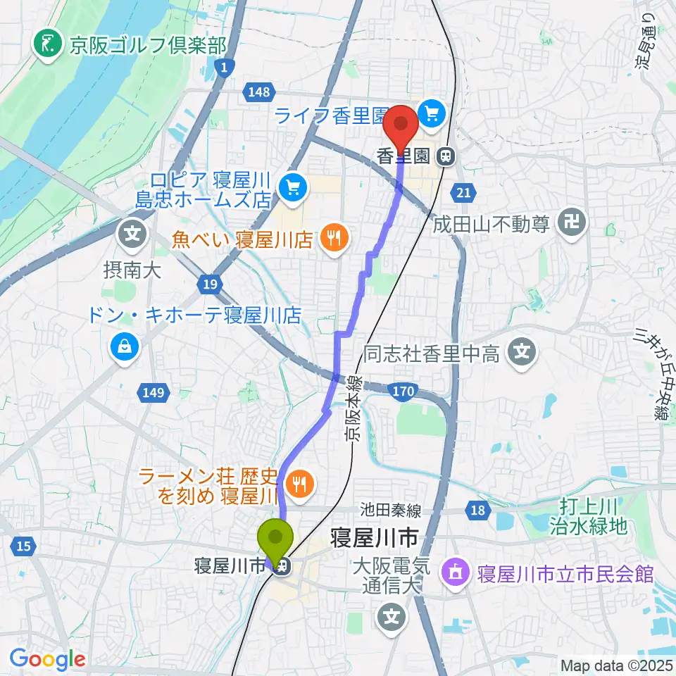 寝屋川市駅から第一楽器 香里店へのルートマップ地図