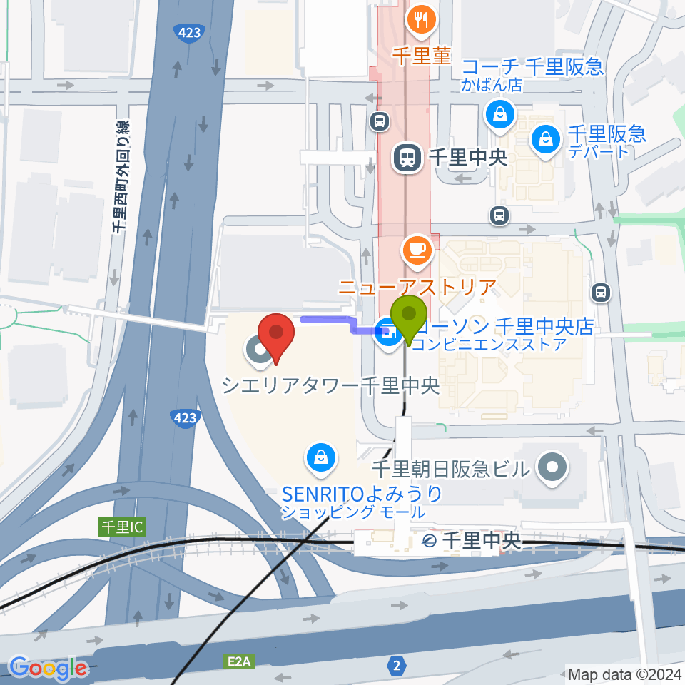第一楽器 千里中央教室の最寄駅千里中央駅からの徒歩ルート（約2分）地図