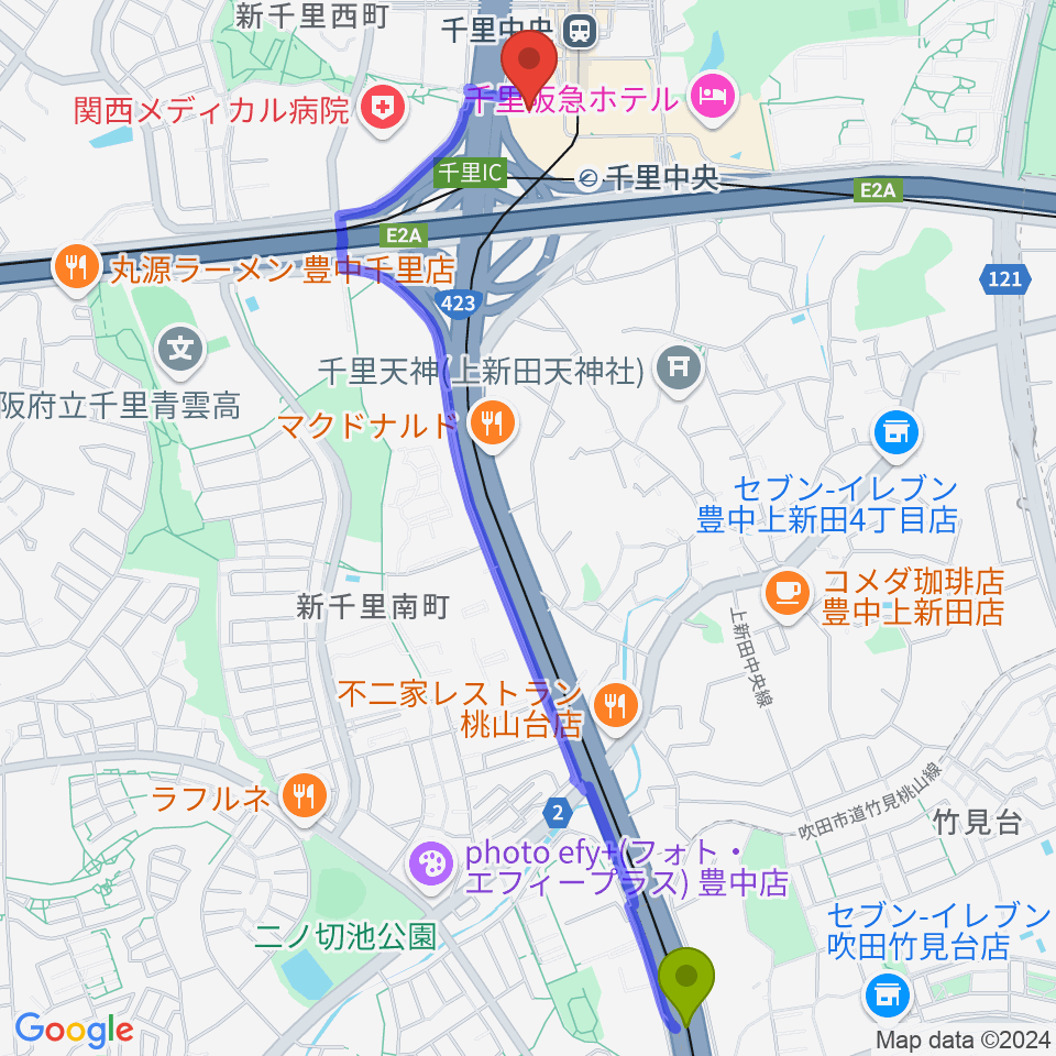 桃山台駅から第一楽器 千里中央教室へのルートマップ地図