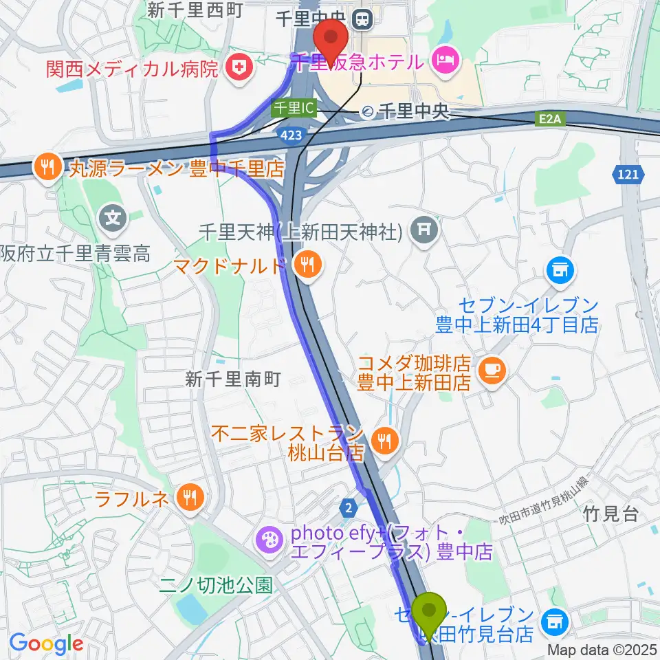 桃山台駅から第一楽器 千里中央教室へのルートマップ地図