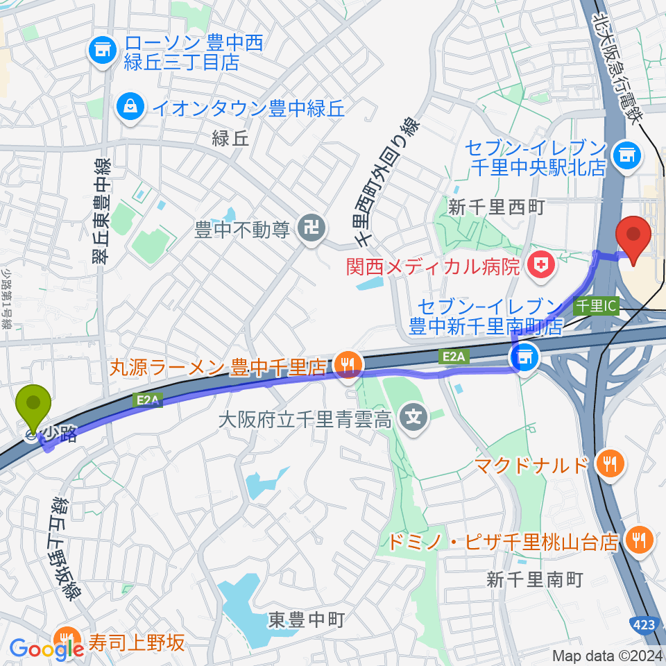 少路駅から第一楽器 千里中央教室へのルートマップ地図