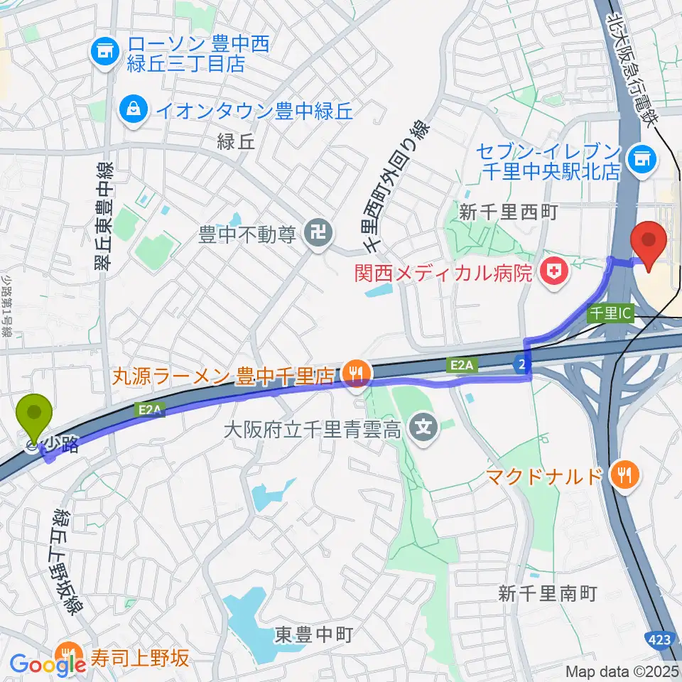 少路駅から第一楽器 千里中央教室へのルートマップ地図