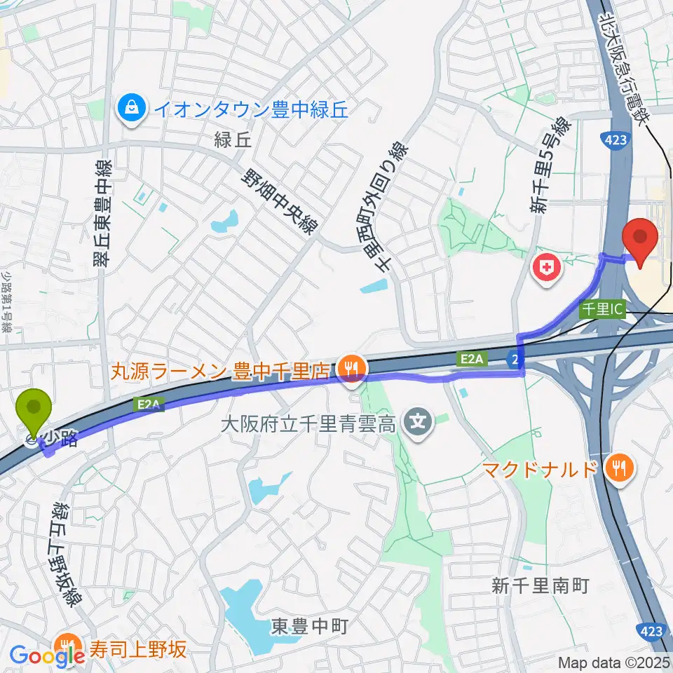 少路駅から第一楽器 千里中央教室へのルートマップ地図