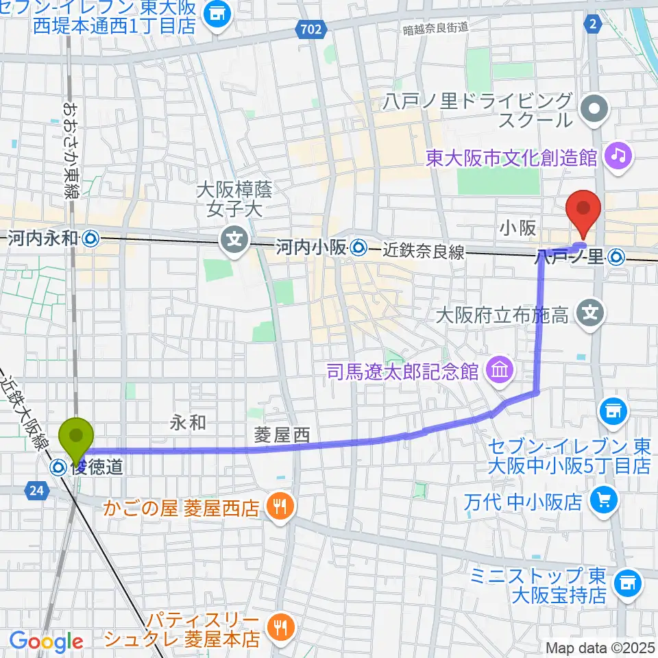 ＪＲ俊徳道駅から第一楽器 八戸ノ里店へのルートマップ地図