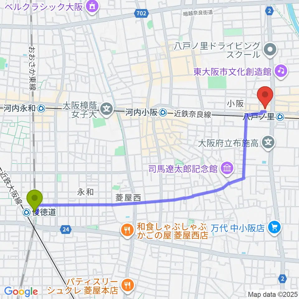 ＪＲ俊徳道駅から第一楽器 八戸ノ里店へのルートマップ地図