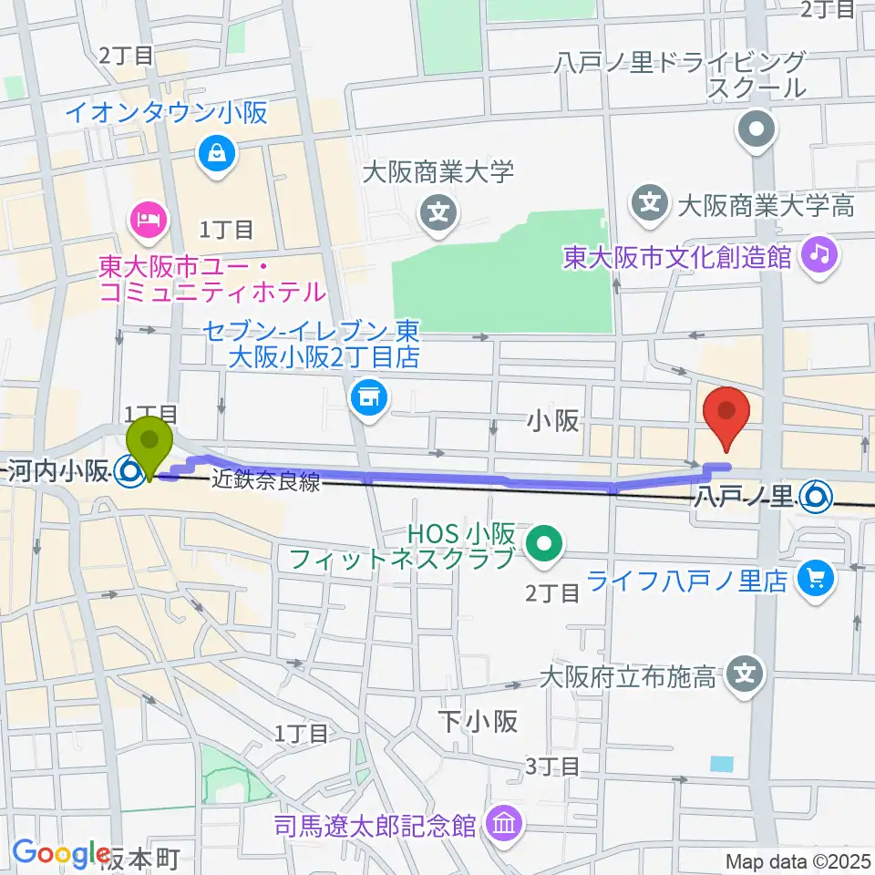 河内小阪駅から第一楽器 八戸ノ里店へのルートマップ地図