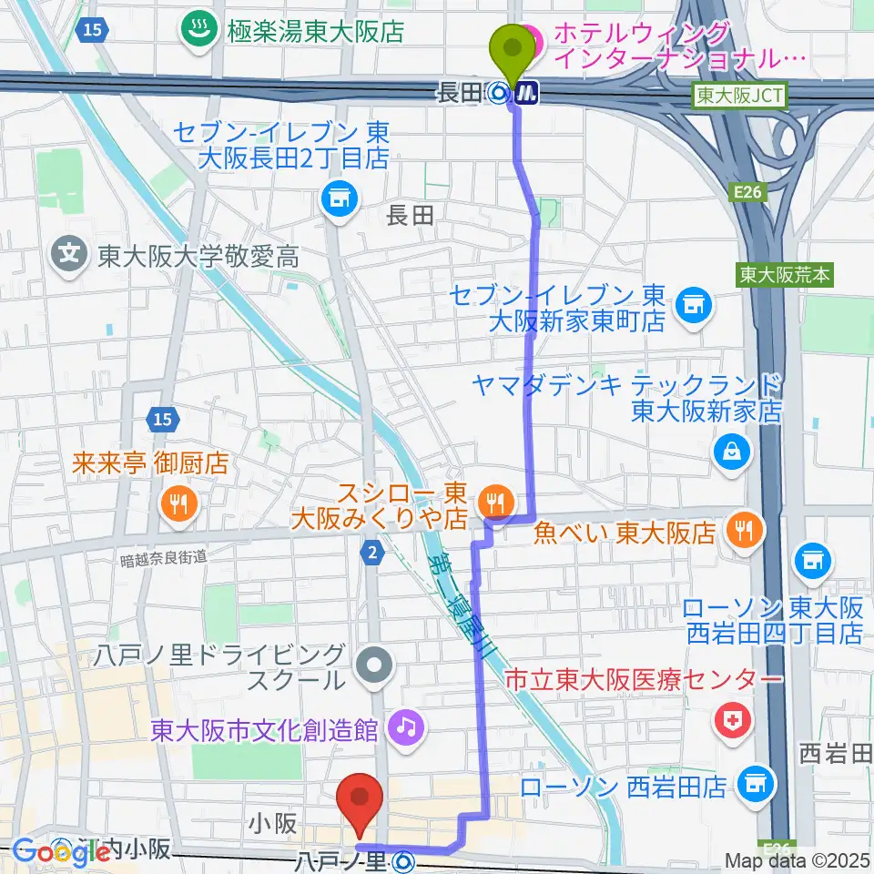 長田駅から第一楽器 八戸ノ里店へのルートマップ地図