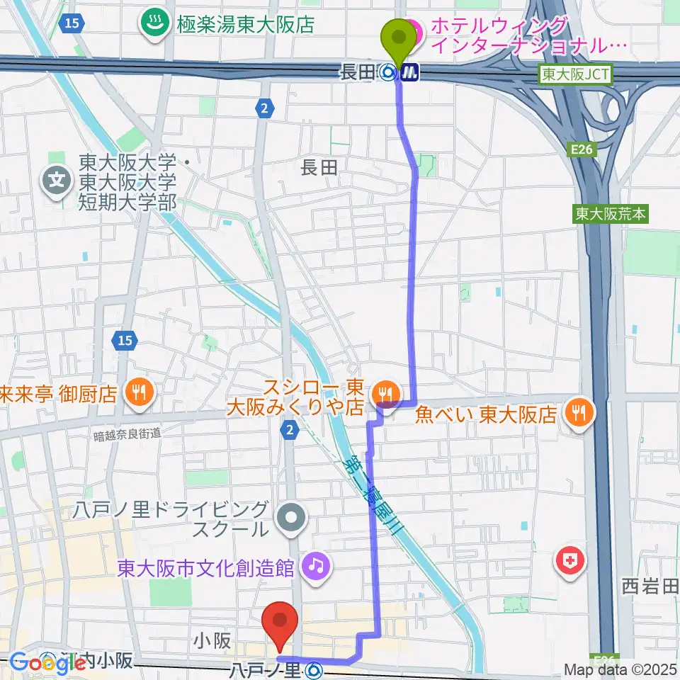 長田駅から第一楽器 八戸ノ里店へのルートマップ地図