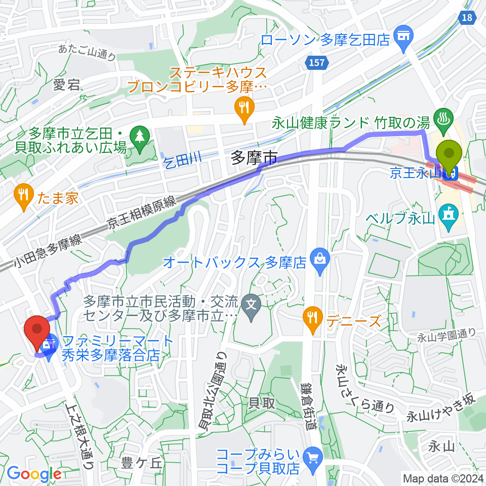 京王永山駅から多摩コルコバードへのルートマップ地図