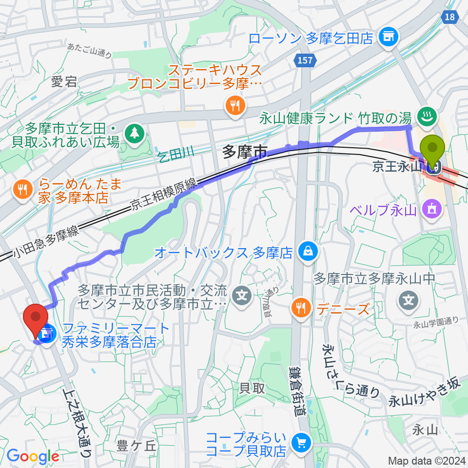 京王永山駅から多摩コルコバードへのルートマップ地図