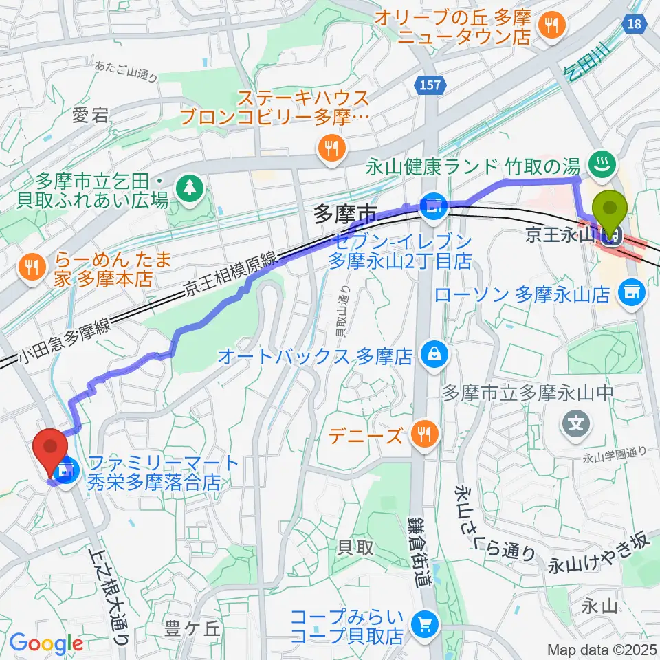 京王永山駅から多摩コルコバードへのルートマップ地図