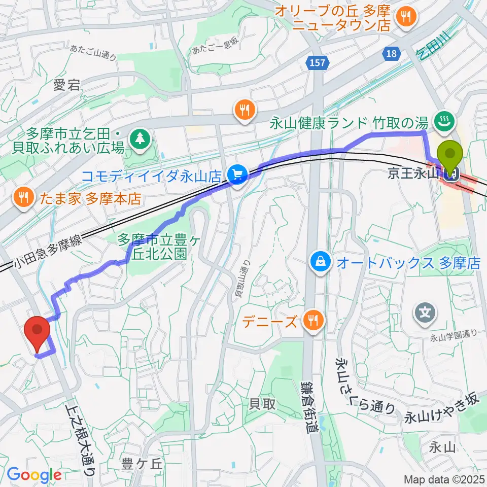 京王永山駅から多摩コルコバードへのルートマップ地図