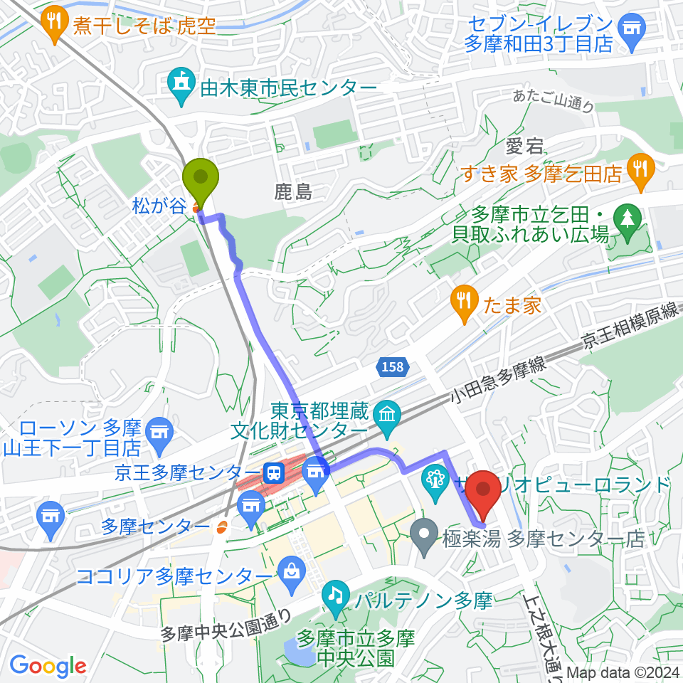 松が谷駅から多摩コルコバードへのルートマップ地図