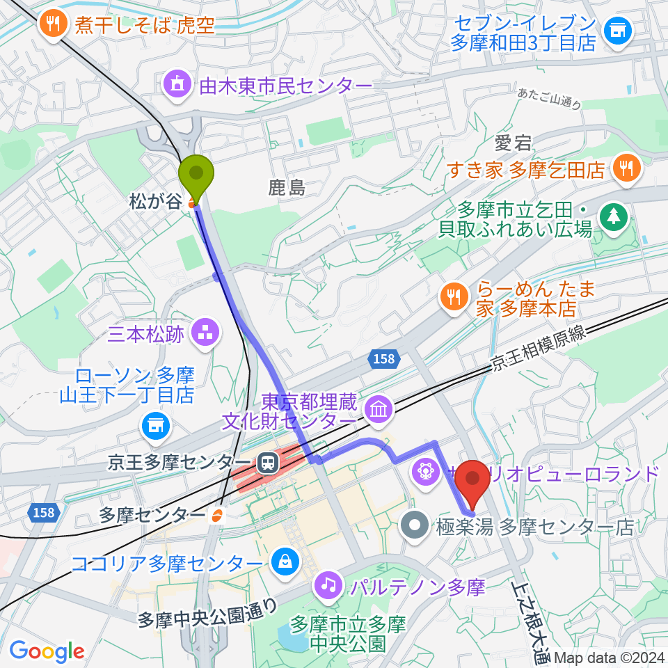 松が谷駅から多摩コルコバードへのルートマップ地図