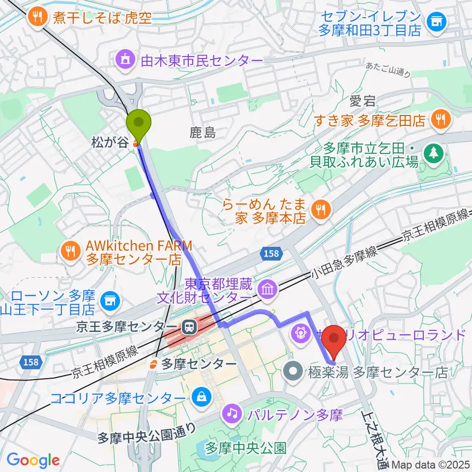 松が谷駅から多摩コルコバードへのルートマップ地図