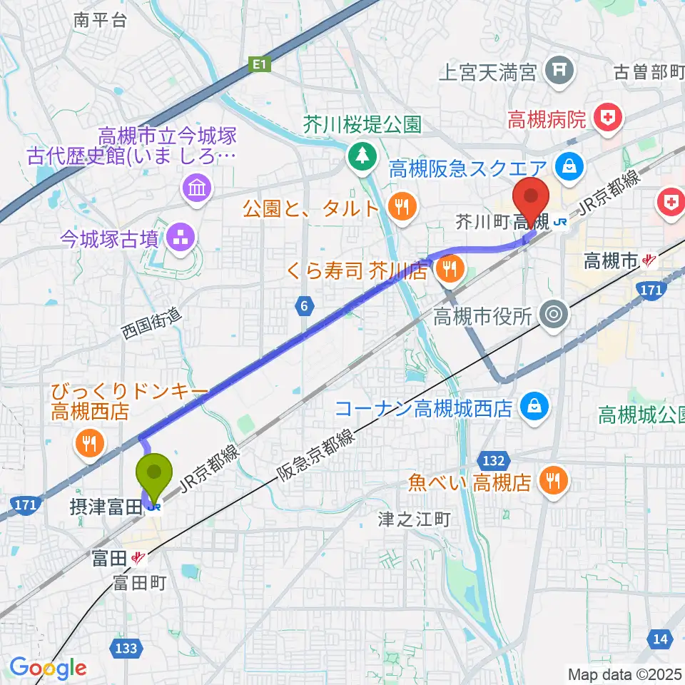 摂津富田駅から第一楽器 高槻店へのルートマップ地図