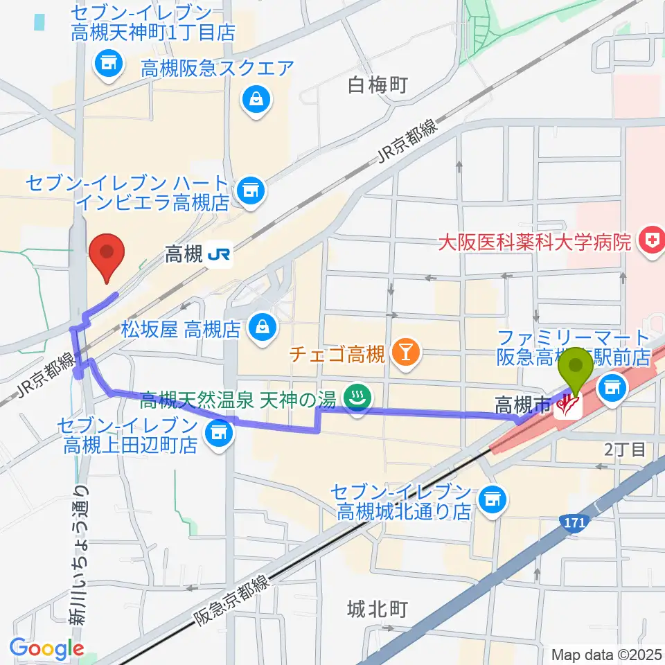 高槻市駅から第一楽器 高槻店へのルートマップ地図