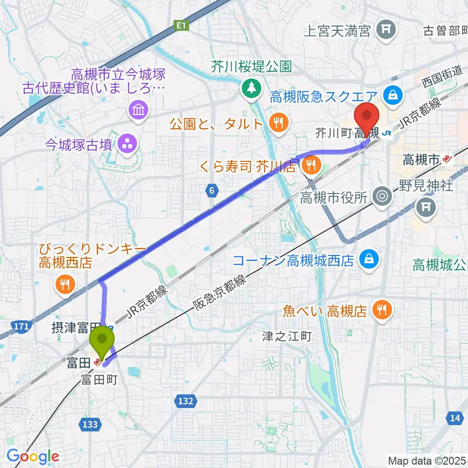 富田駅から第一楽器 高槻店へのルートマップ地図