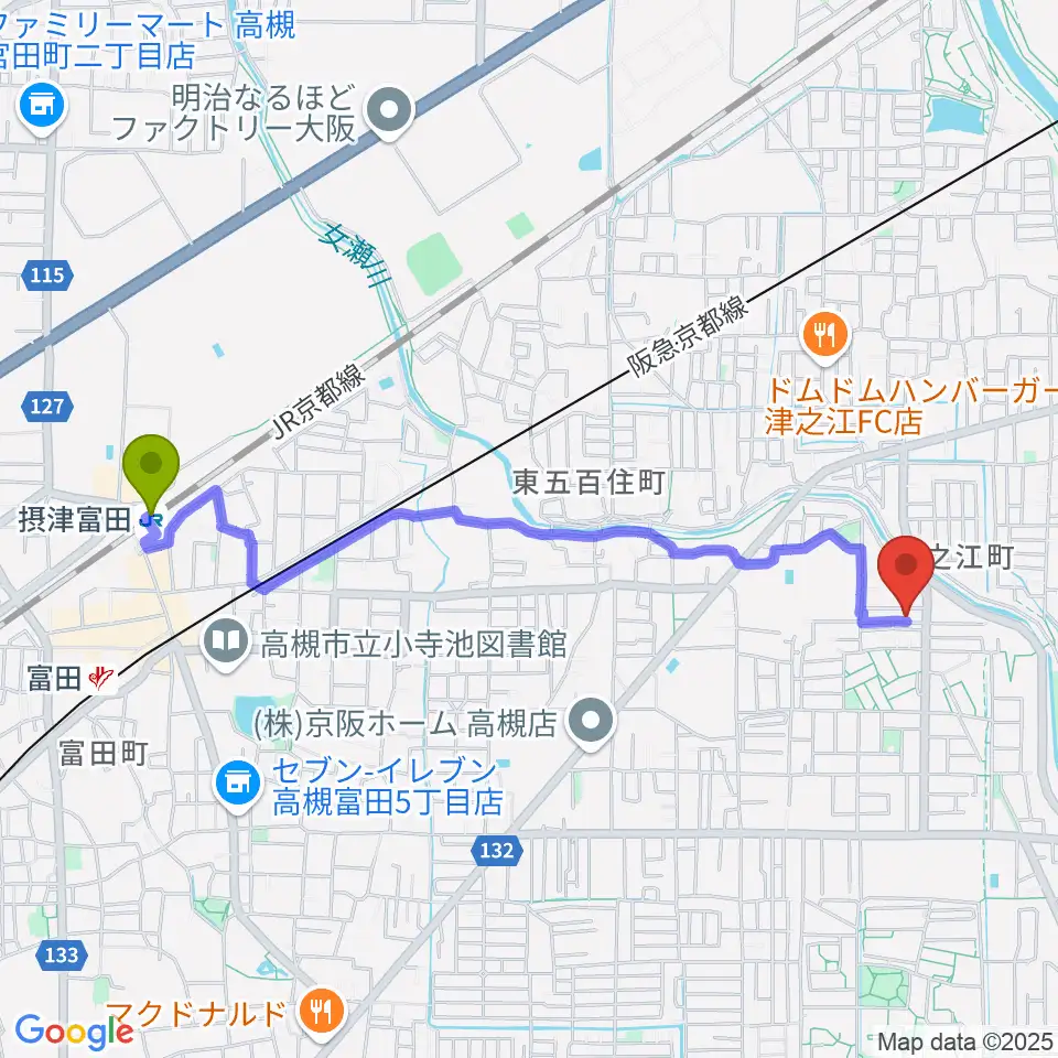 関井直子ピアノ教室の最寄駅摂津富田駅からの徒歩ルート（約23分）地図
