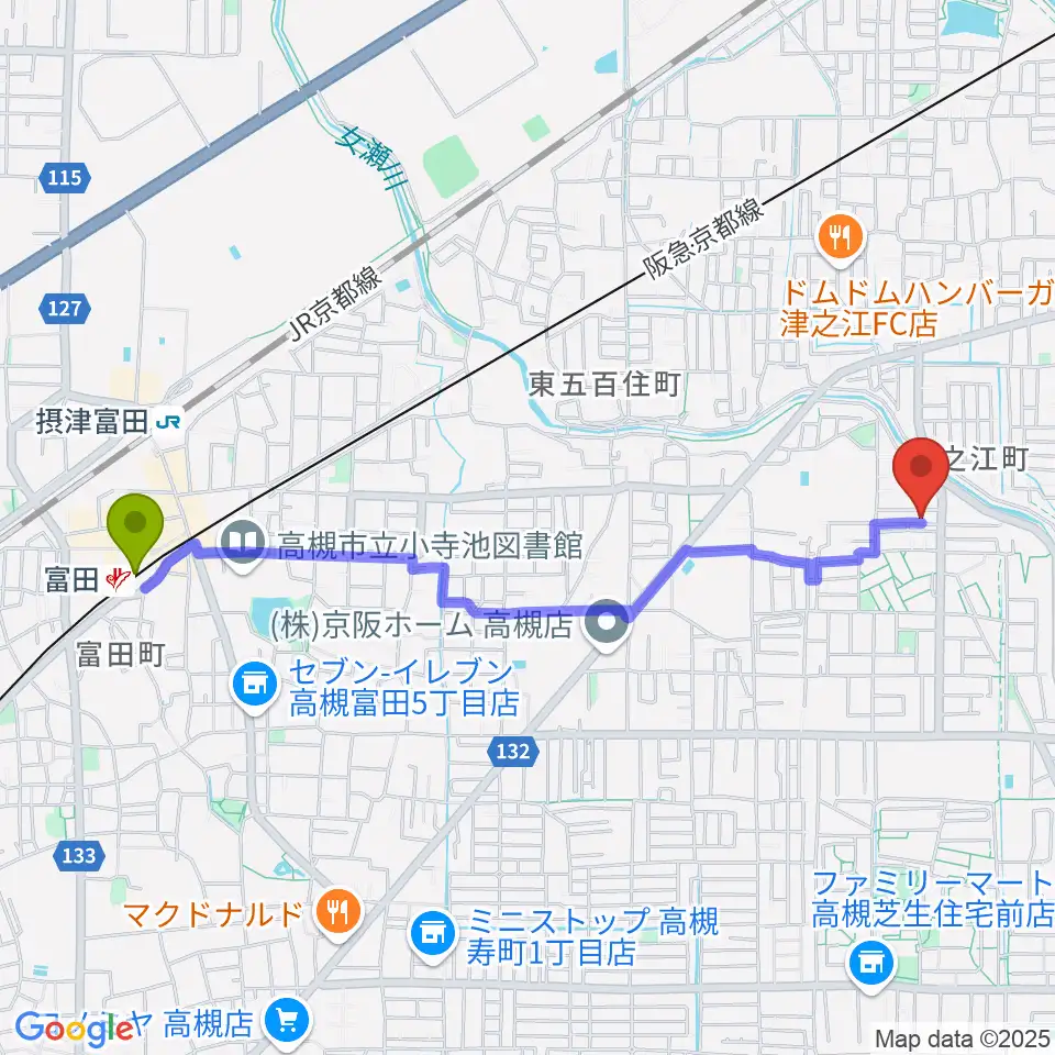 富田駅から関井直子ピアノ教室へのルートマップ地図