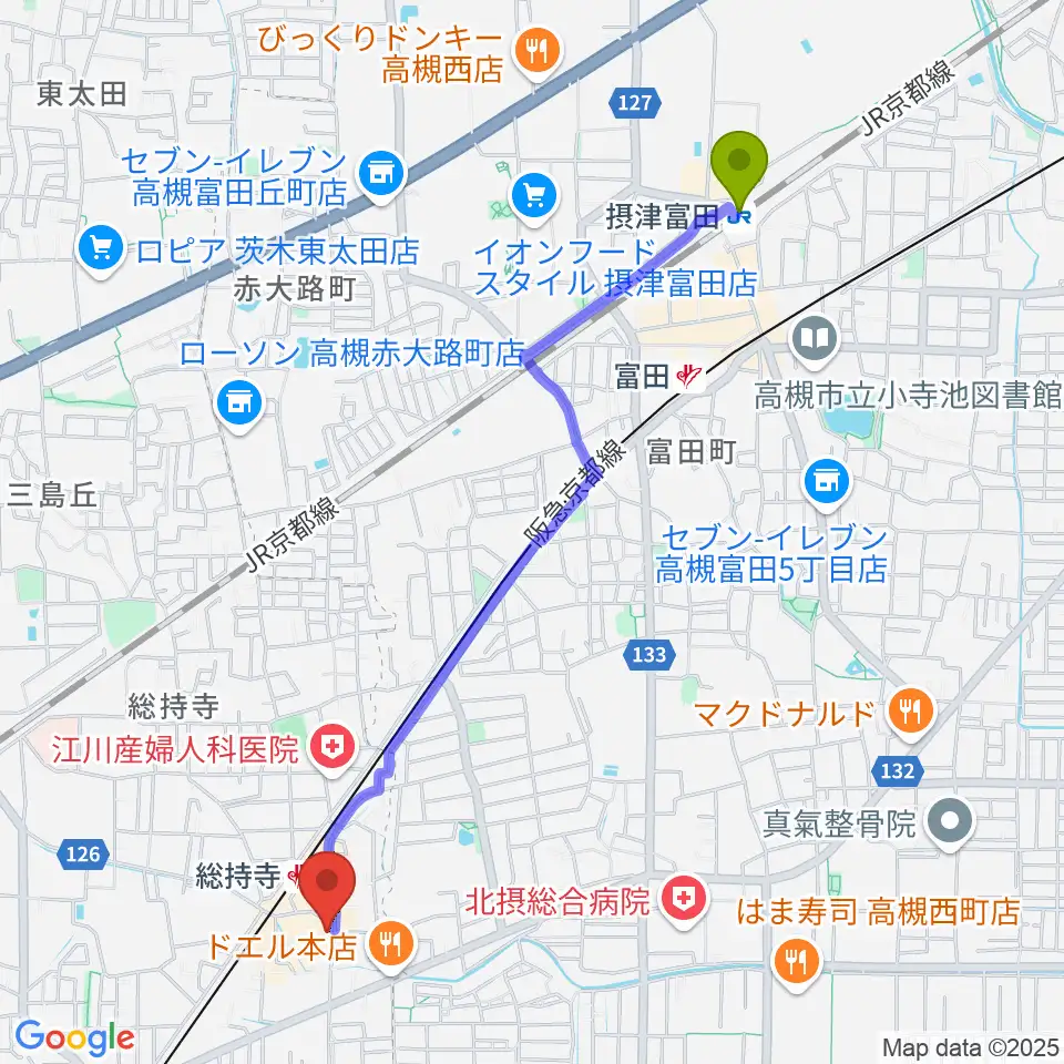 摂津富田駅からアマービレ楽器へのルートマップ地図