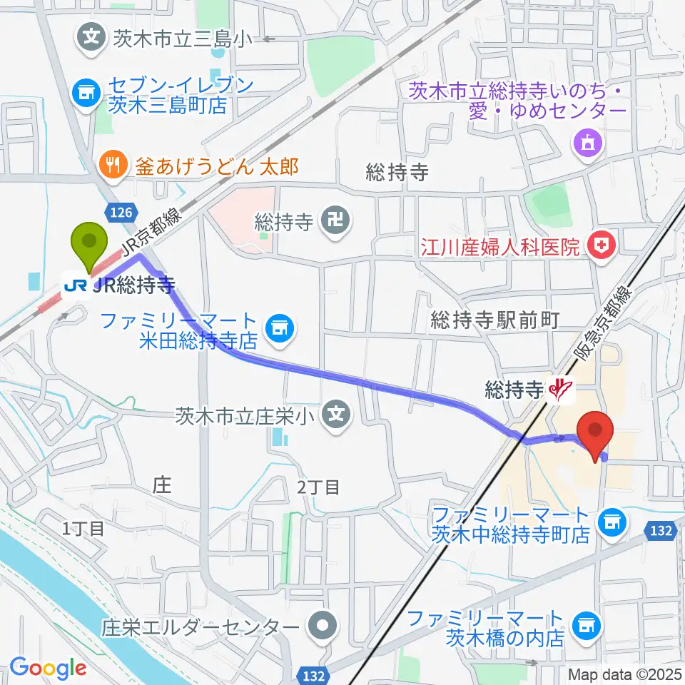 JR総持寺駅からアマービレ楽器へのルートマップ地図