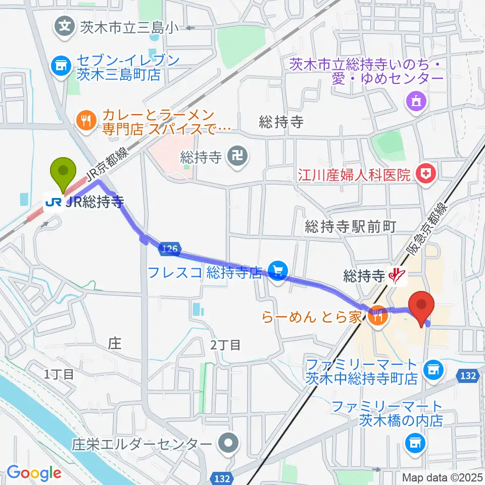 JR総持寺駅からアマービレ楽器へのルートマップ地図