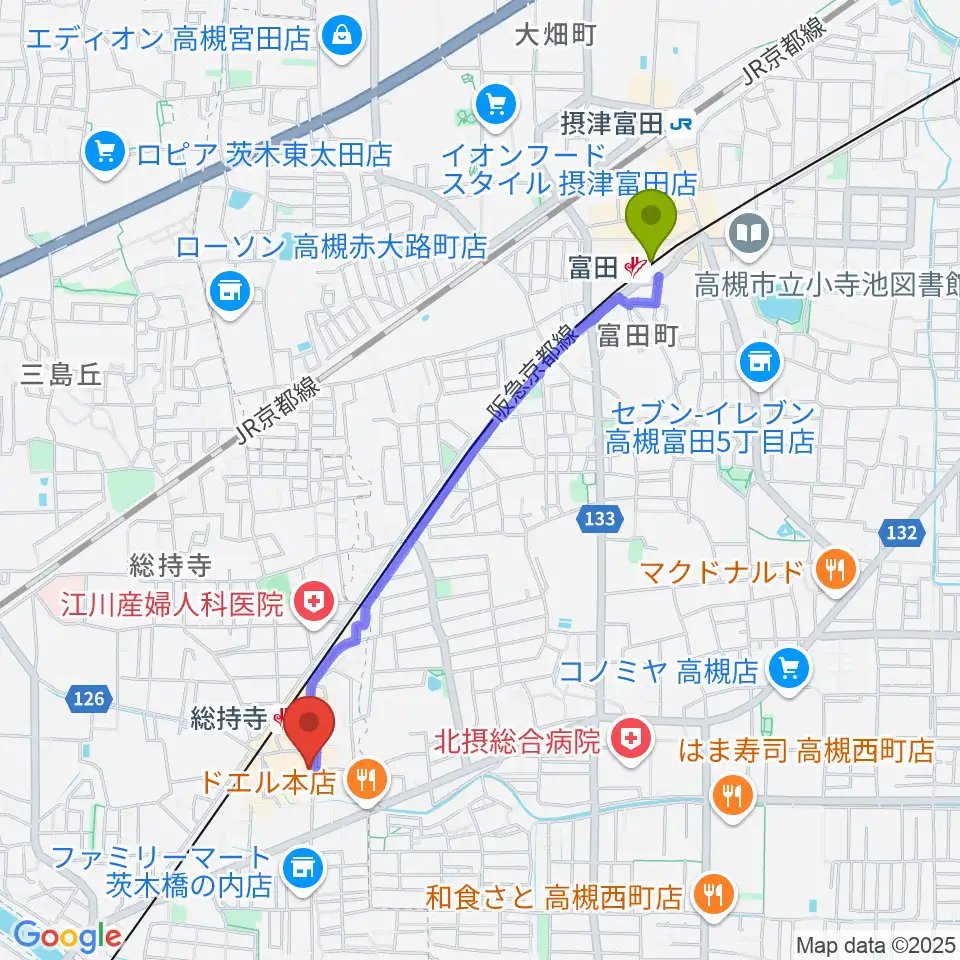 富田駅からアマービレ楽器へのルートマップ地図