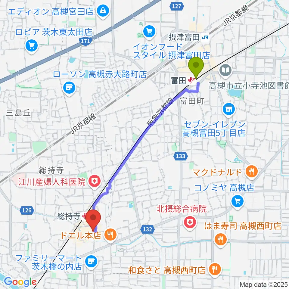 富田駅からアマービレ楽器へのルートマップ地図
