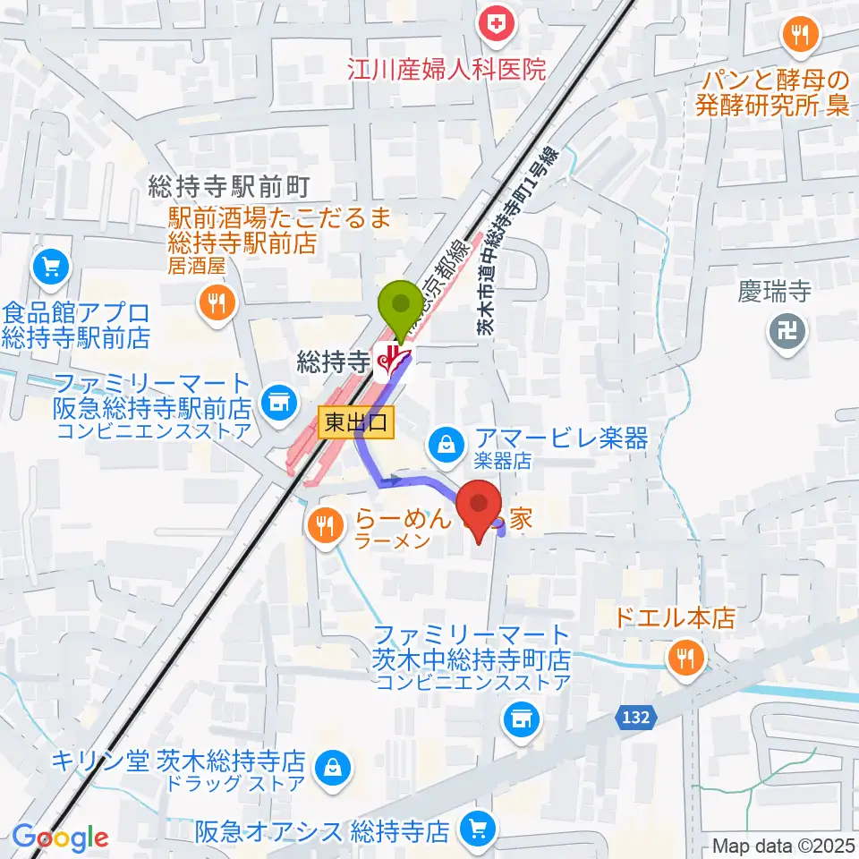 アマービレ楽器の最寄駅総持寺駅からの徒歩ルート（約2分）地図
