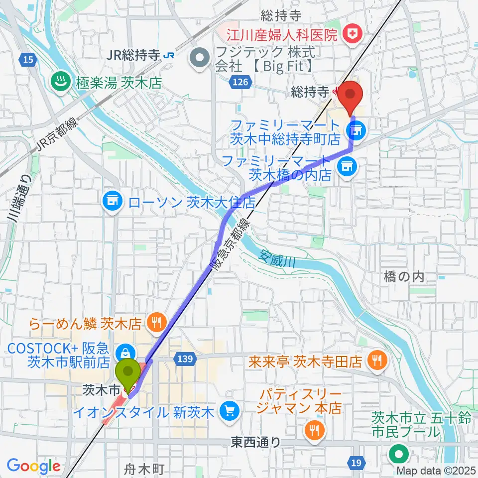 茨木市駅からアマービレ楽器へのルートマップ地図