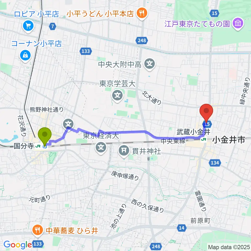 国分寺駅から宮地楽器 小金井店へのルートマップ地図