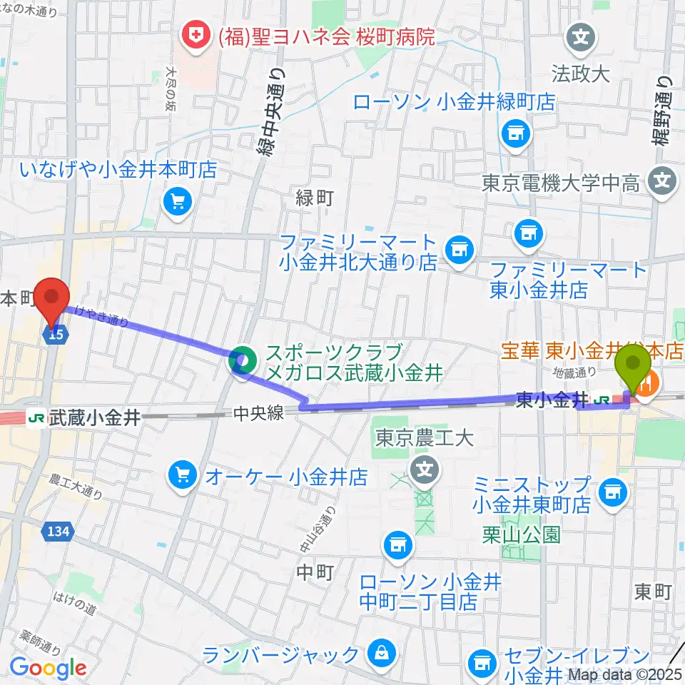 東小金井駅から宮地楽器 小金井店へのルートマップ地図