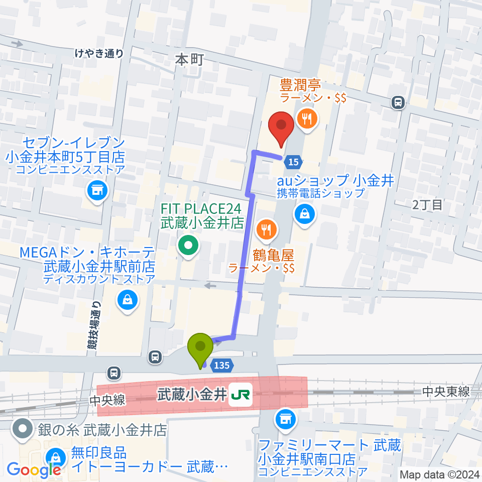 宮地楽器 小金井店の最寄駅武蔵小金井駅からの徒歩ルート（約4分）地図