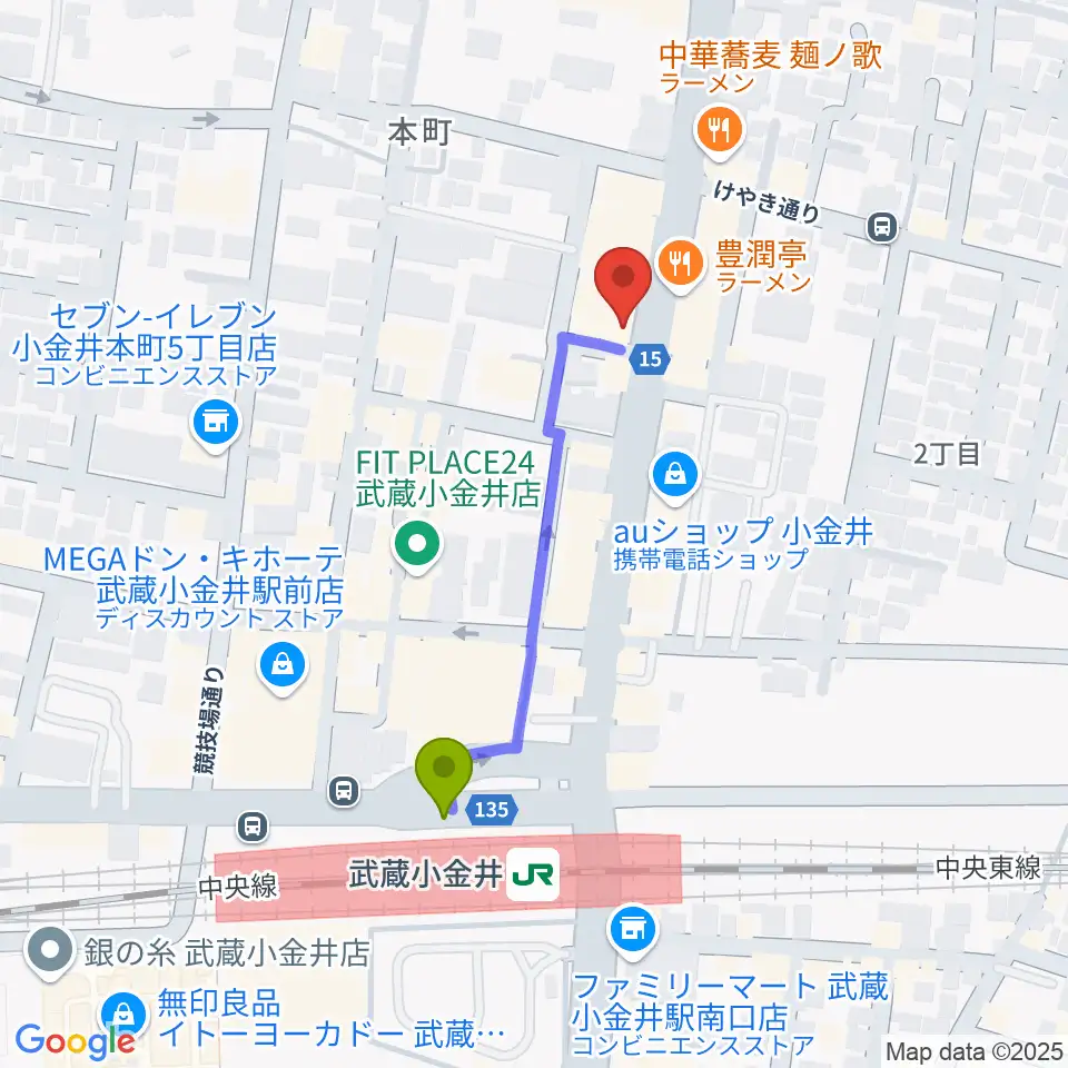 宮地楽器 小金井店の最寄駅武蔵小金井駅からの徒歩ルート（約4分）地図