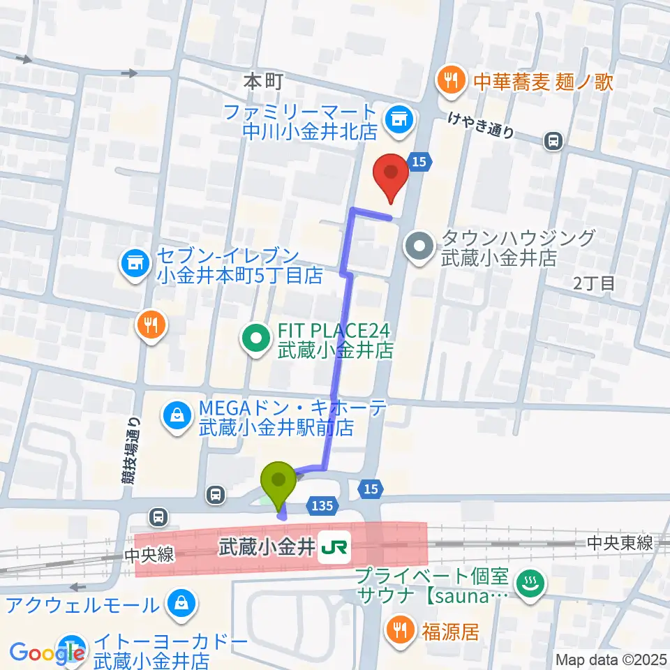 宮地楽器 小金井店の最寄駅武蔵小金井駅からの徒歩ルート（約4分）地図