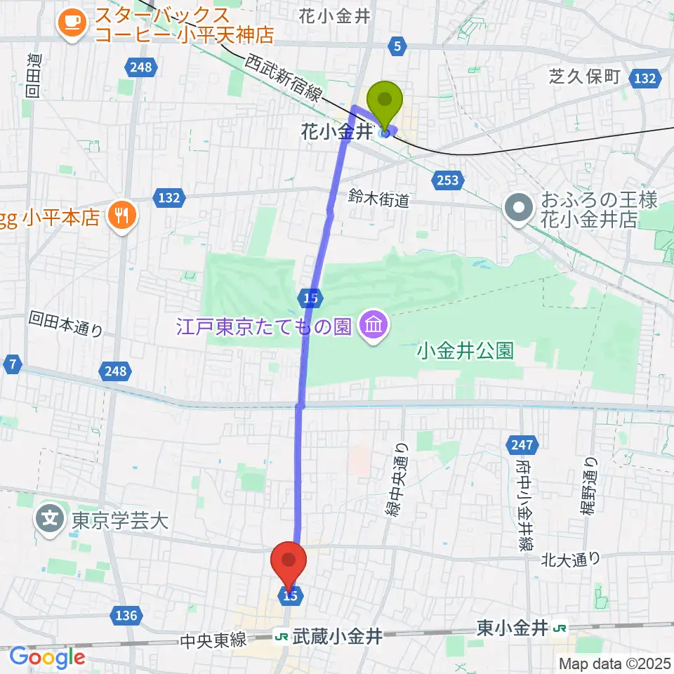 花小金井駅から宮地楽器 小金井店へのルートマップ地図