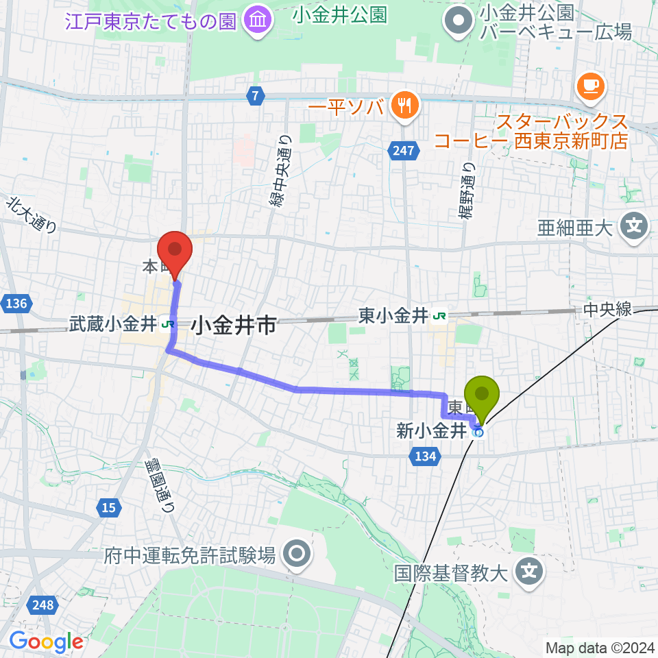 新小金井駅から宮地楽器 小金井店へのルートマップ地図