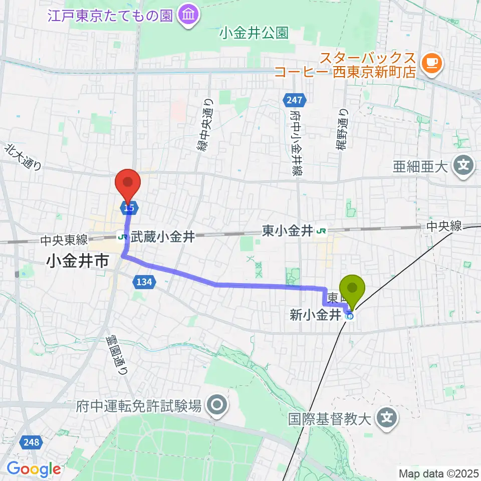 新小金井駅から宮地楽器 小金井店へのルートマップ地図