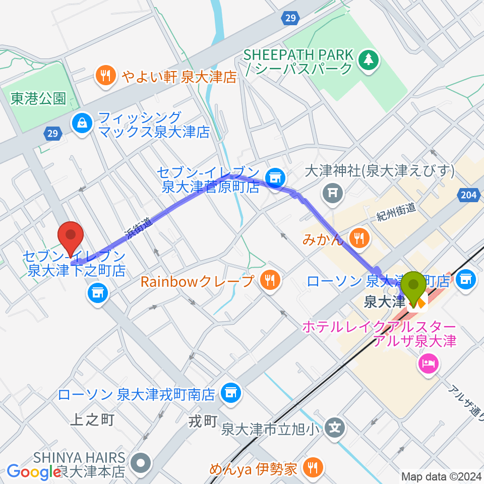 ボイストレーニングレッスンスタジオJOYの最寄駅泉大津駅からの徒歩ルート（約11分）地図